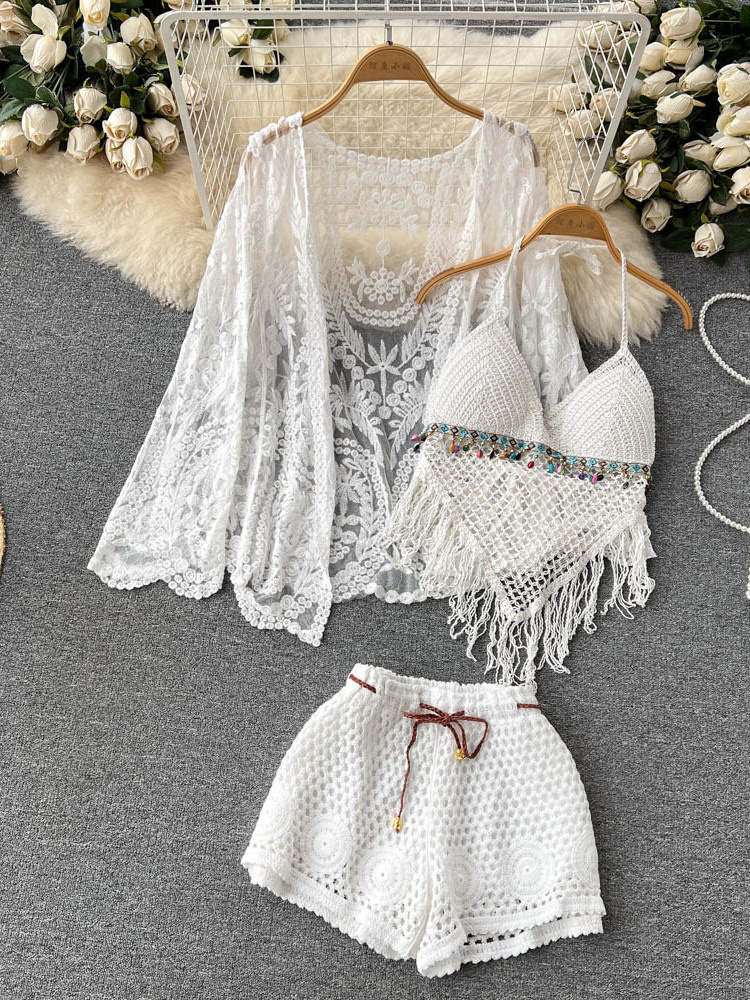 Embroidery Cardigan - 여름 신상 휴가복 여성 레이스 자수