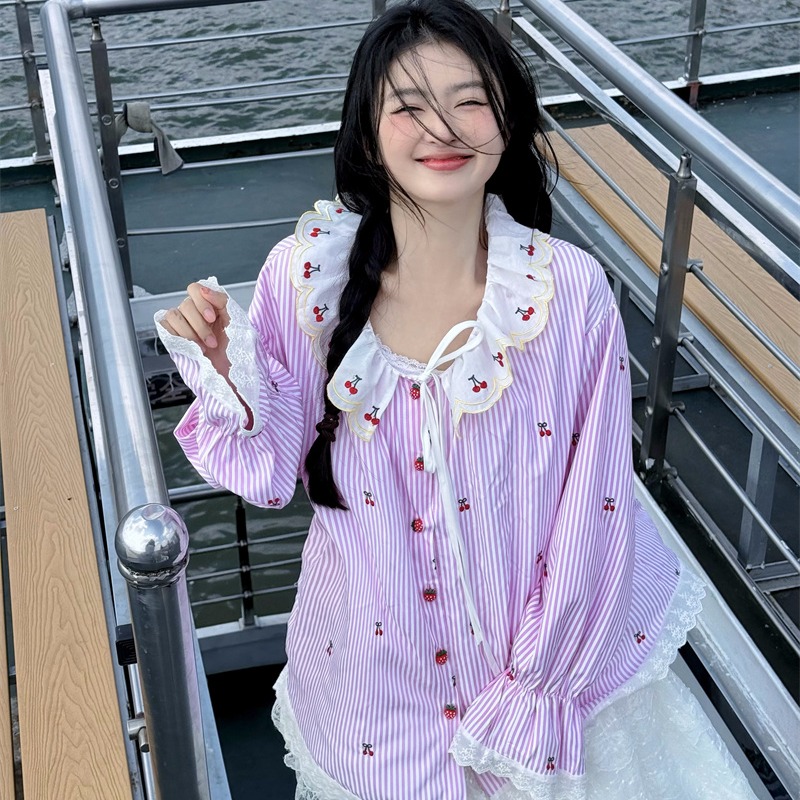 Embroidery Cardigan - 한국식 스윗 스타일 루즈핏 체리 자수