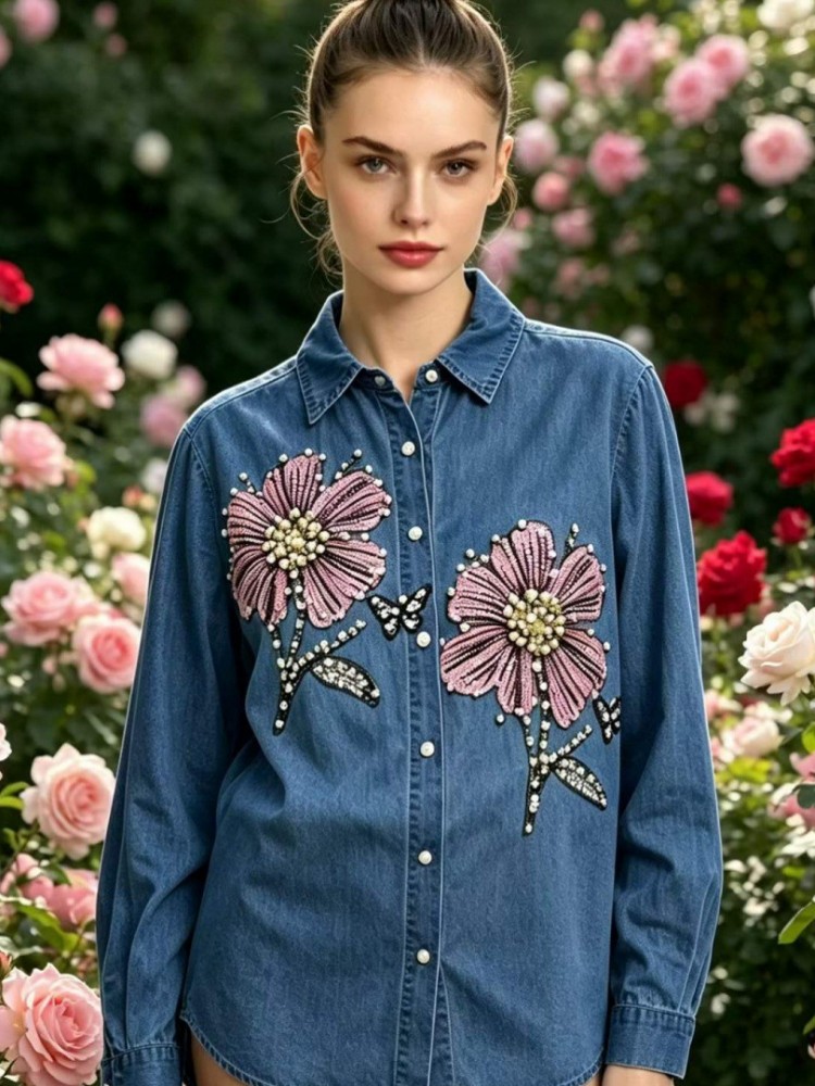 Embroidery Blouse - 여성 데님 자수 블라우스 봄 가을