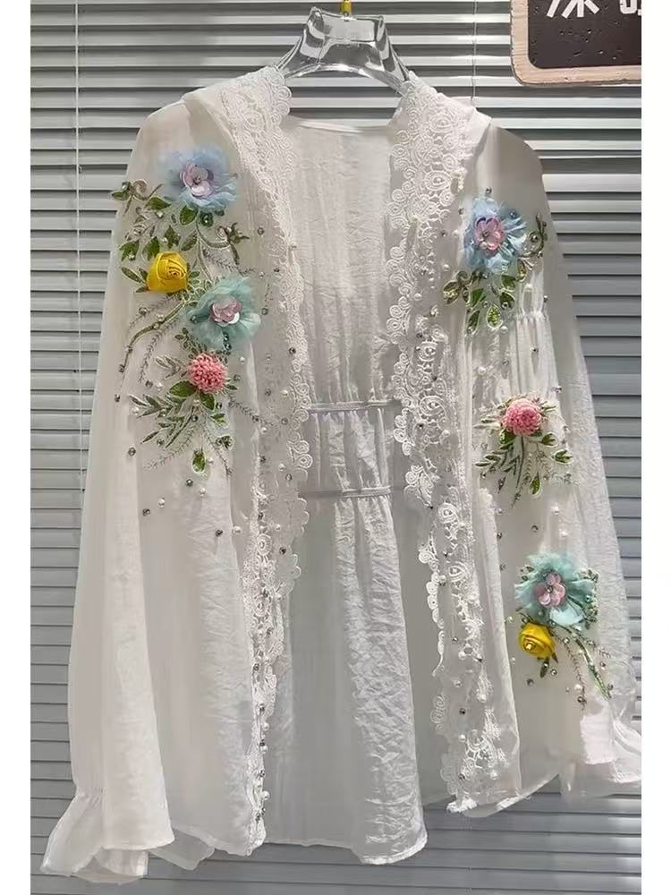 Embroidery Cardigan - 통기성 코튼 혼합 화이트 후드 선
