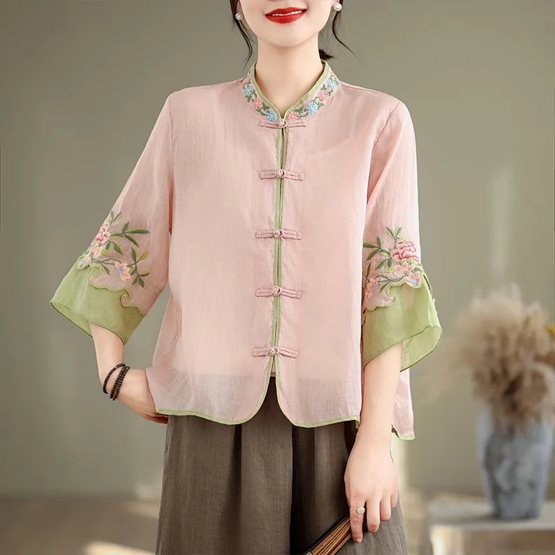여름 면과 삼베 아트 레트로 자수 셔츠 여성용 팬 버튼 - Embroidery Cardigan 리뷰 및 가격