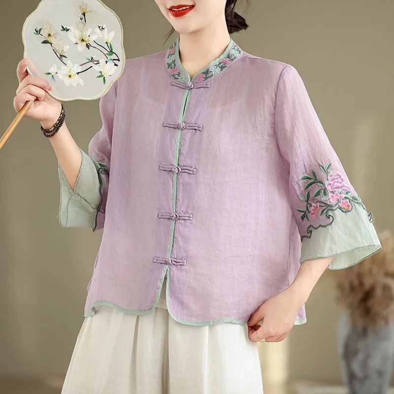 여름 면과 삼베 아트 레트로 자수 셔츠 여성용 팬 버튼 - Embroidery Cardigan 리뷰 및 가격