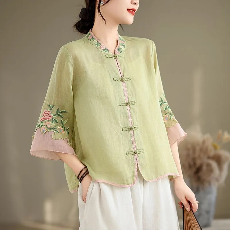 여름 면과 삼베 아트 레트로 자수 셔츠 여성용 팬 버튼 - Embroidery Cardigan 리뷰 및 가격