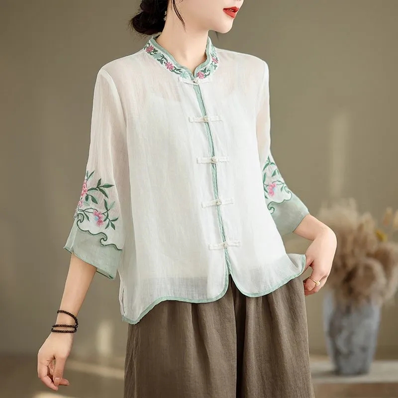 여름 면과 삼베 아트 레트로 자수 셔츠 여성용 팬 버튼 - Embroidery Cardigan 리뷰 및 가격