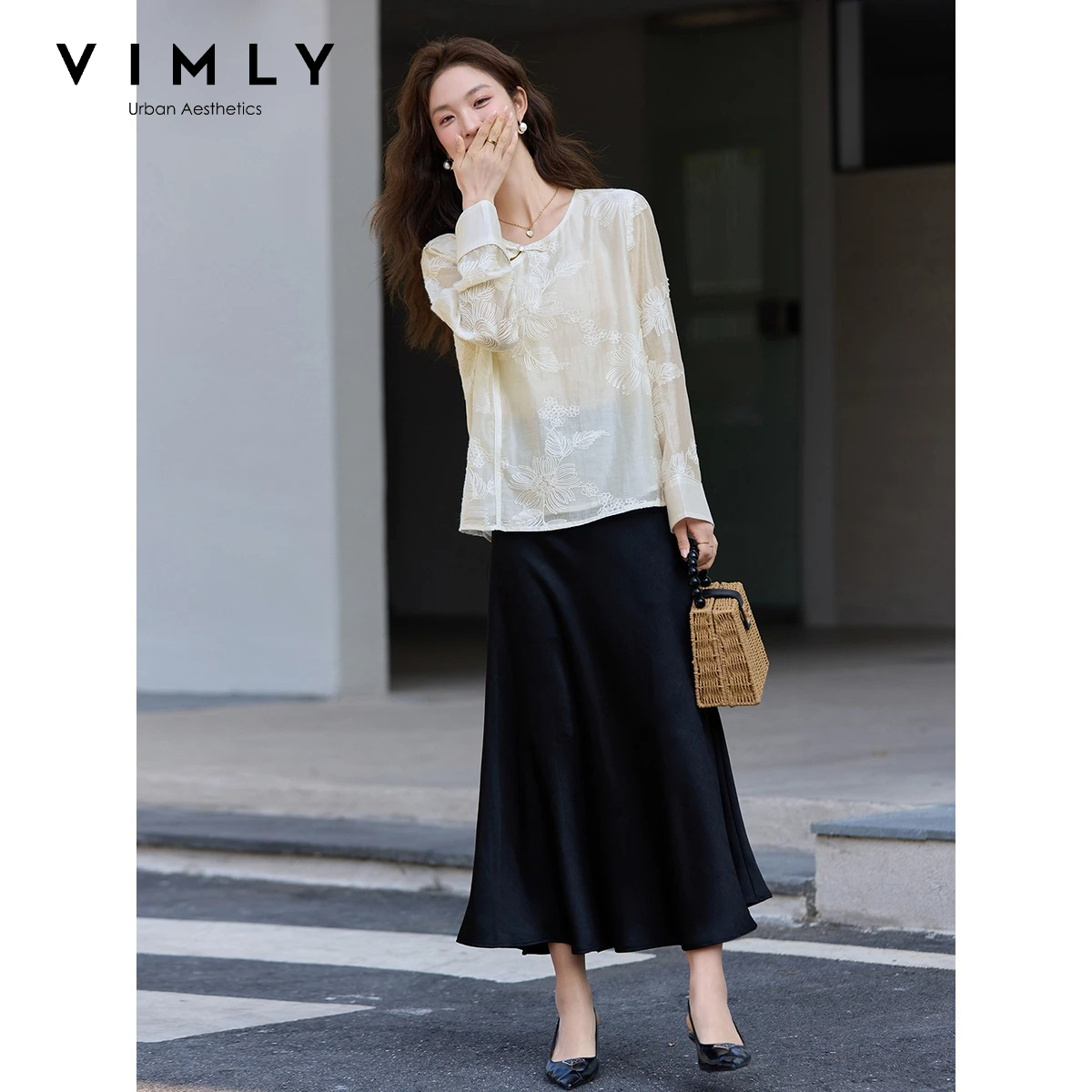 VIMLY 살구색 새로운 중국 자수 시폰 블라우스 여성 - Embroidery Blouse 리뷰 및 가격