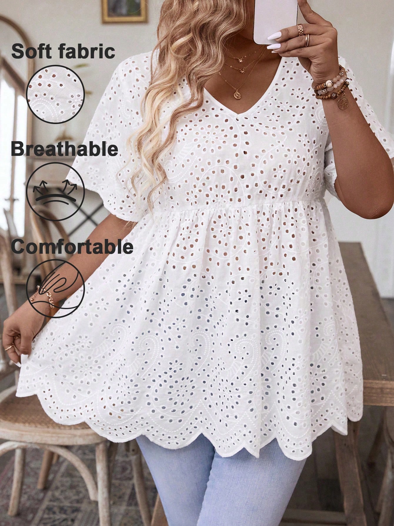 여성용 플러스 사이즈 화이트 아일렛 자수 V넥 페플럼  - Embroidery Blouse 리뷰 및 가격
