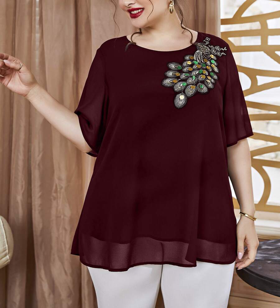 플러스 사이즈 여성용 자수 공작새 탑, 반팔 쉬폰 블라 - Embroidery Blouse 리뷰 및 가격