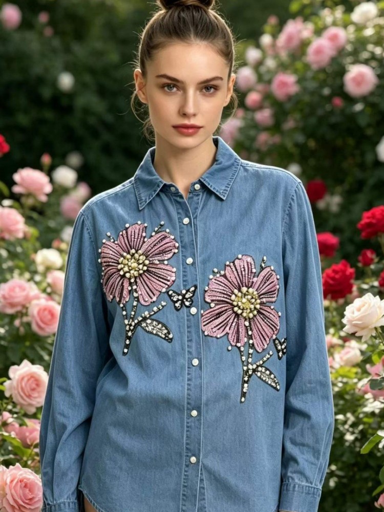 여성 데님 자수 블라우스 봄 가을 긴팔 여성 블라우스  - Embroidery Blouse 리뷰 및 가격