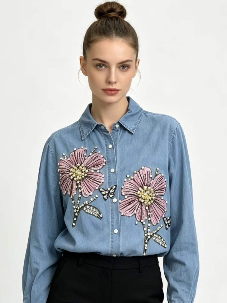 여성 데님 자수 블라우스 봄 가을 긴팔 여성 블라우스  - Embroidery Blouse 리뷰 및 가격